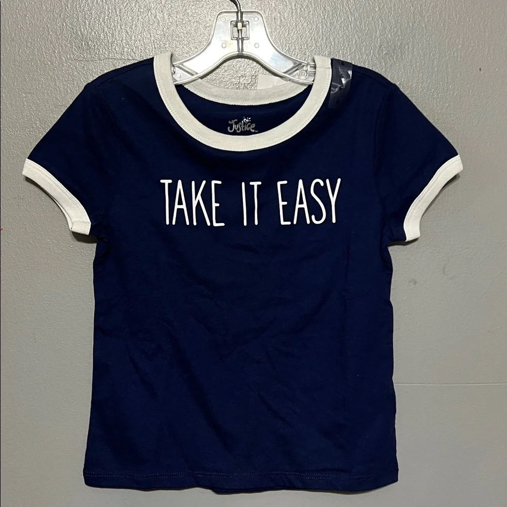 Justice Take It Easy Graphic Crew Neck Tee Girls Sz 6 Navy Short Sleeve Shirt